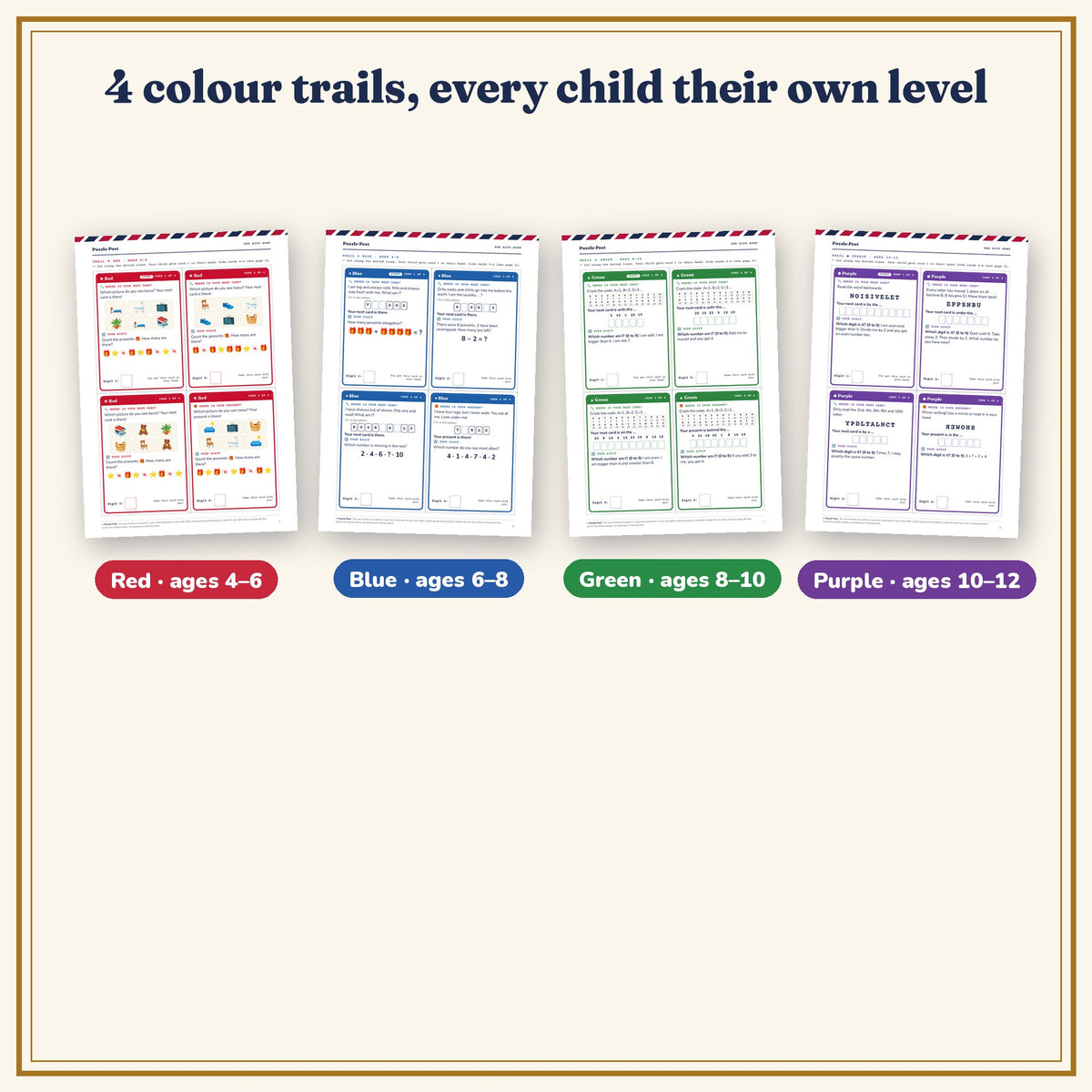 The Gift Hunt, English edition – the 4 colour trails Red 4–6, Blue 6–8, Green 8–10 and Purple 10–12, each with its own clue cards