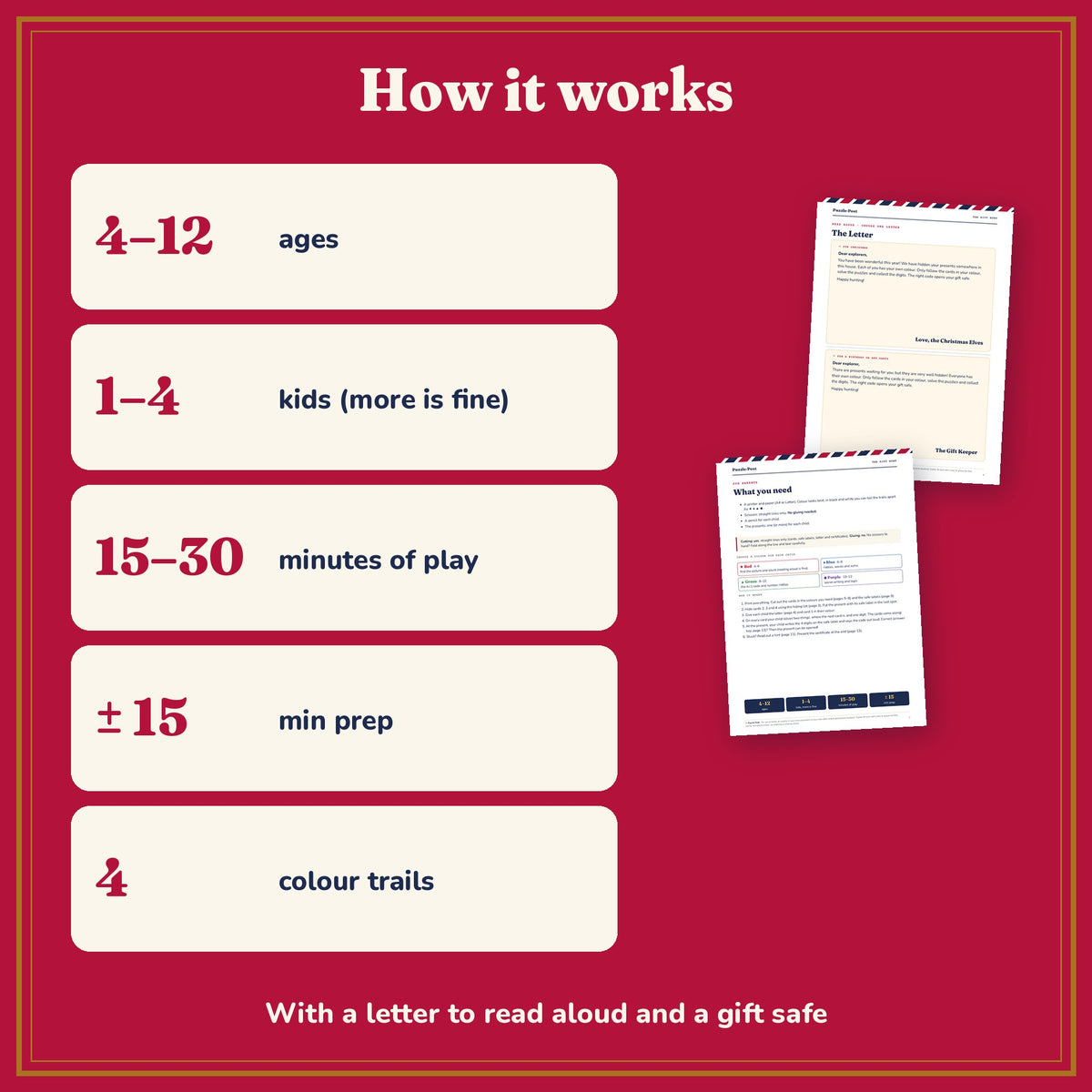 The Gift Hunt, English edition – how it works: ages 4–12, 1–4 kids, 15–30 minutes of play, about 15 minutes of prep, 4 colour trails