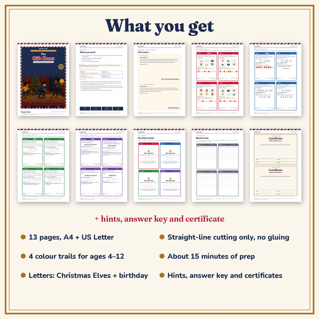 The Gift Hunt, English edition – what you get: 13 pages in A4 and US Letter, plus hints, answer key and certificate