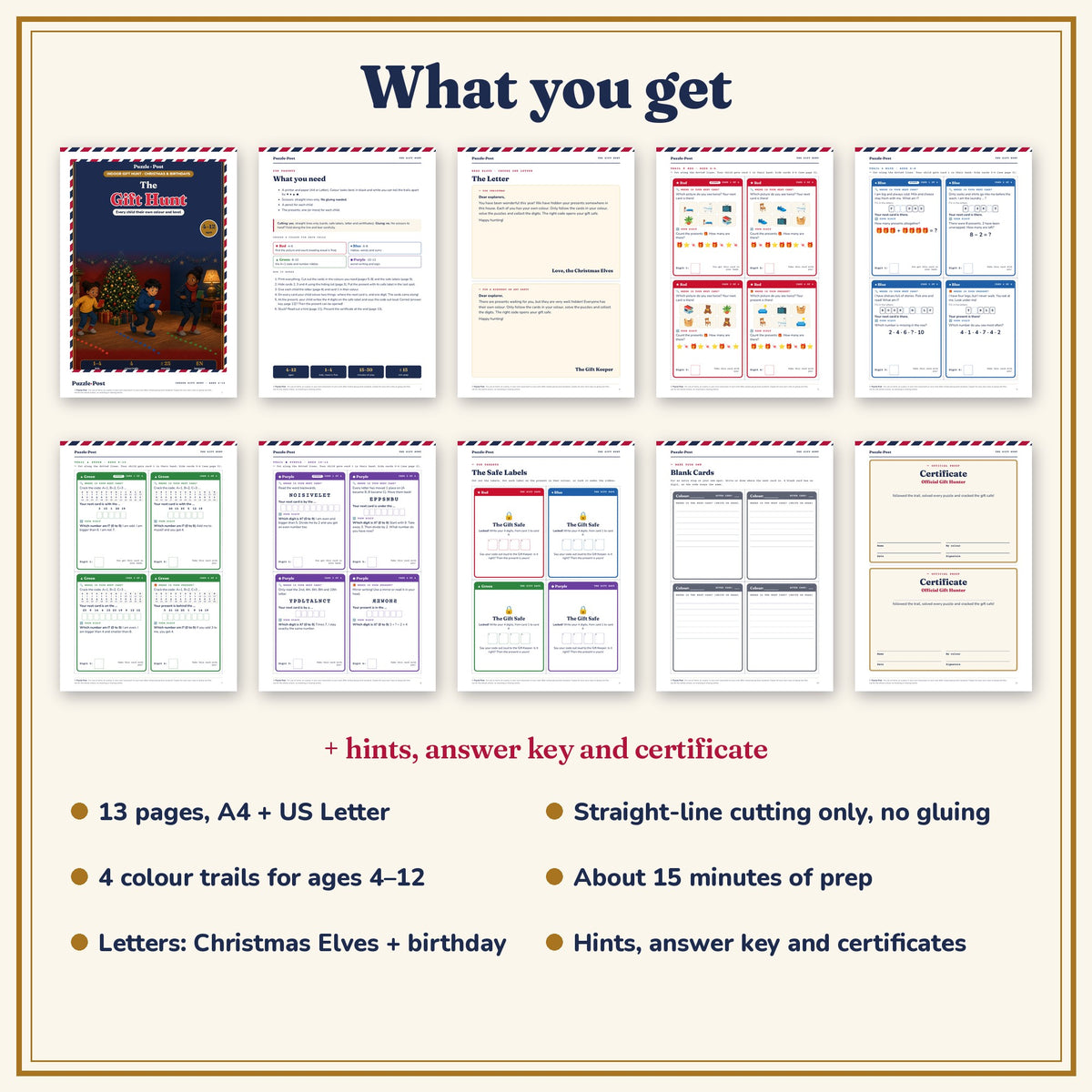 The Gift Hunt, English edition – what you get: 13 pages in A4 and US Letter, plus hints, answer key and certificate