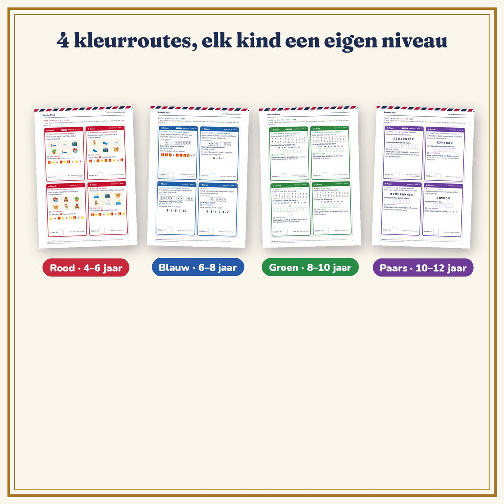 De Pakjesspeurtocht – de 4 kleurroutes Rood 4–6, Blauw 6–8, Groen 8–10 en Paars 10–12 jaar, elk met eigen speurkaartjes