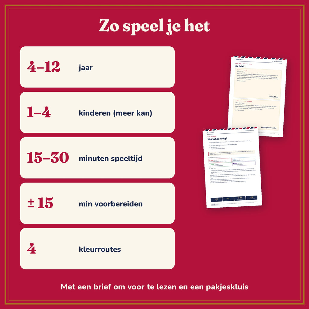 Zo speel je De Pakjesspeurtocht – 4–12 jaar, 1–4 kinderen, 15–30 minuten speeltijd, ca. 15 minuten voorbereiden, 4 kleurroutes