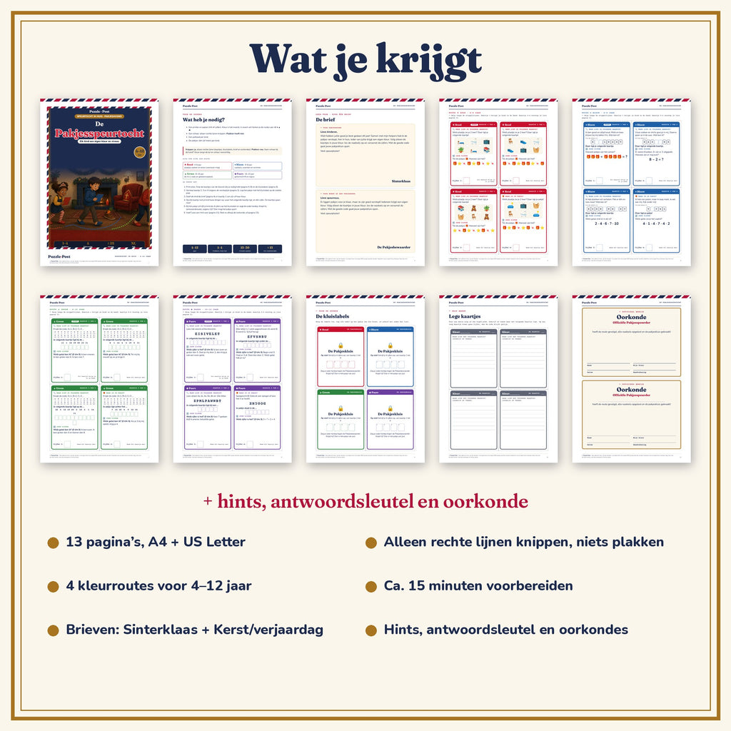Wat je krijgt bij De Pakjesspeurtocht – 13 pagina’s in A4 en US Letter, plus hints, antwoordsleutel en oorkonde