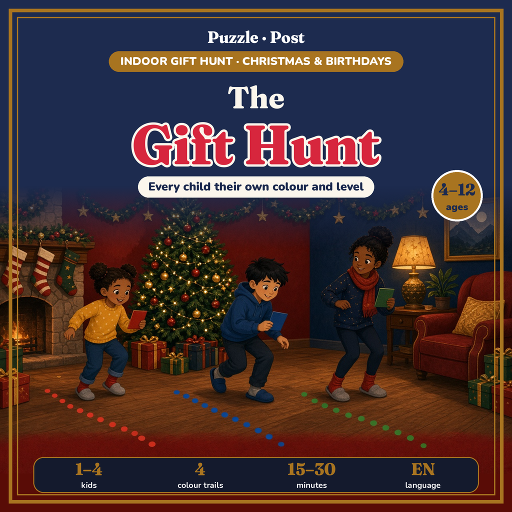 The Gift Hunt – printable indoor gift hunt for kids aged 4–12, English edition, cover with three children and colour trails