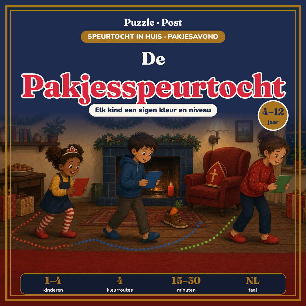 De Pakjesspeurtocht – printbare speurtocht naar de cadeautjes in huis voor 4–12 jaar, omslag met drie kinderen en kleurroutes