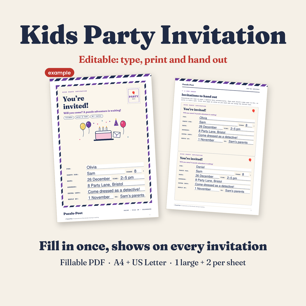 Editable Kids Party Invitation by Puzzle Post – large invitation and 2 cards per sheet, filled-in example