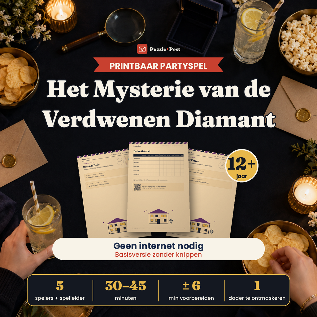 Het Mysterie van de Verdwenen Diamant – printbaar partyspel voor 12+ van Puzzle Post, omslag
