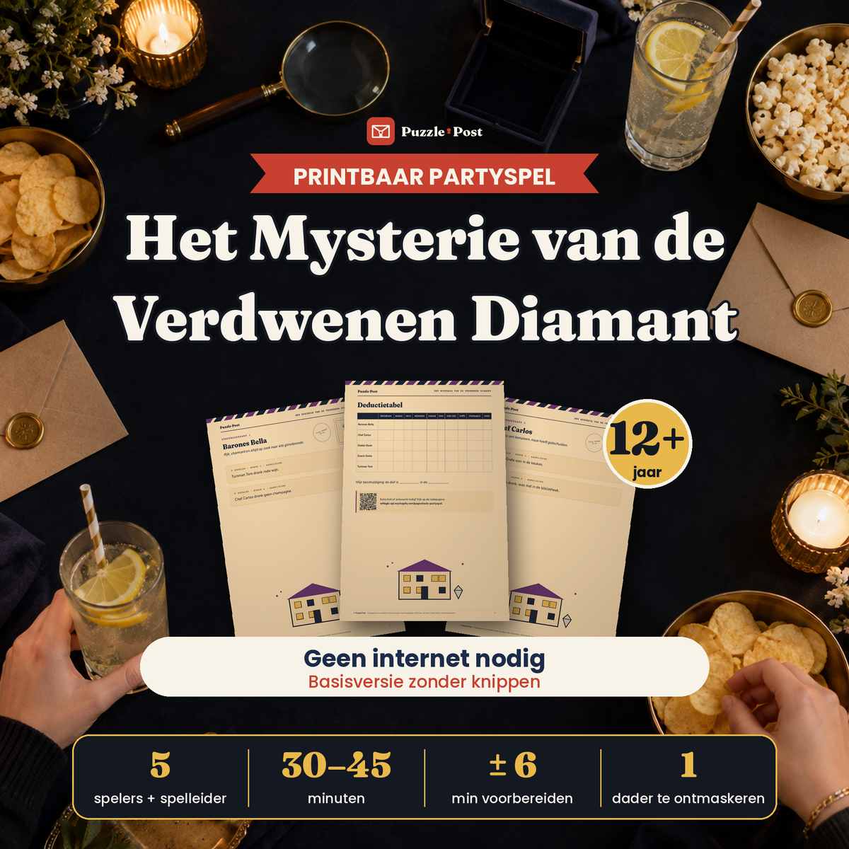 Het Mysterie van de Verdwenen Diamant – printbaar partyspel voor 12+ van Puzzle Post, omslag