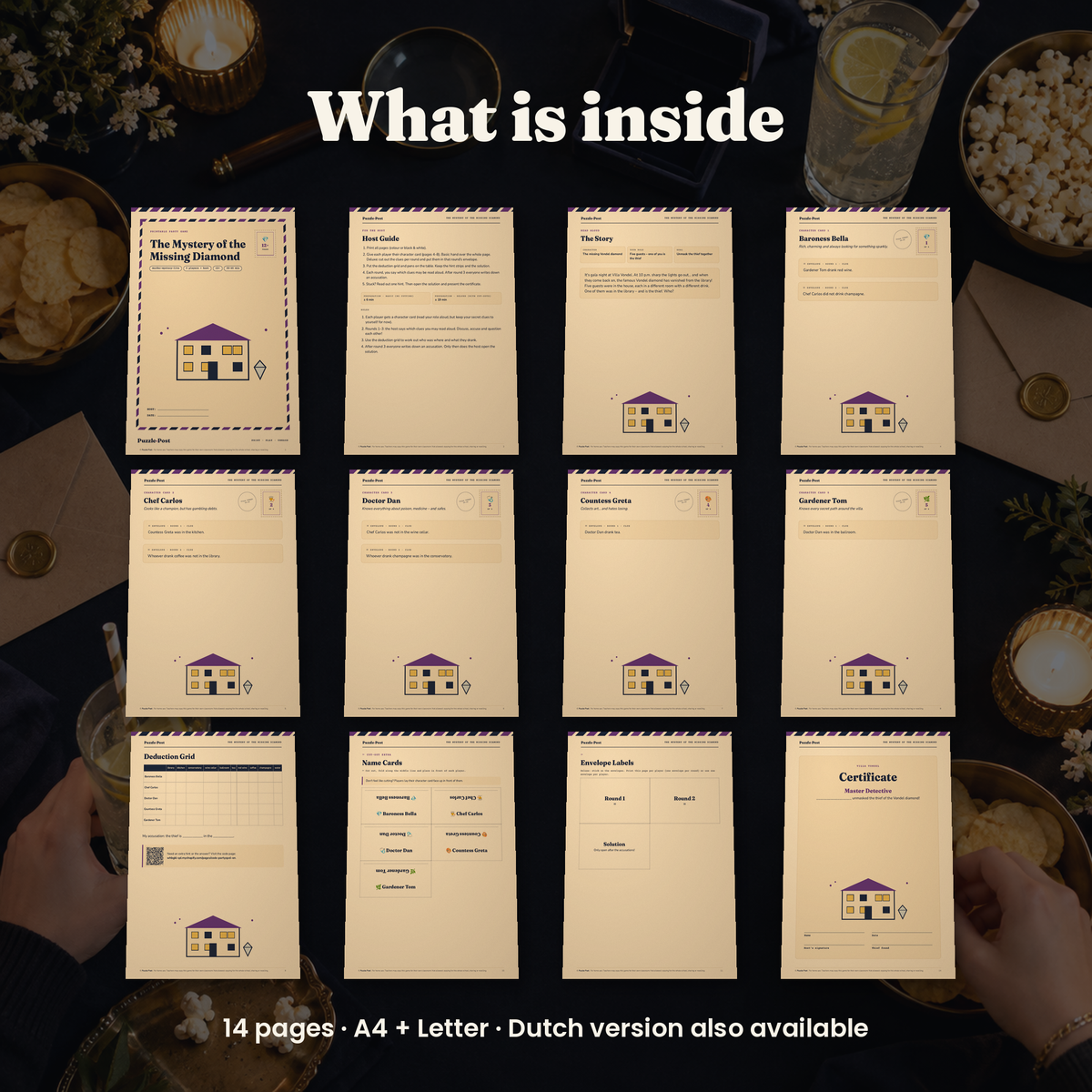 The Mystery of the Missing Diamond – what’s inside: character cards, deduction table and host guide