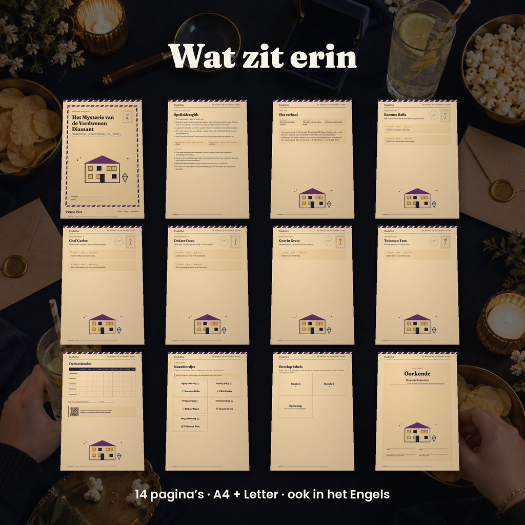 Het Mysterie van de Verdwenen Diamant – wat zit erin: personagekaarten, deductietabel en spelleidersgids