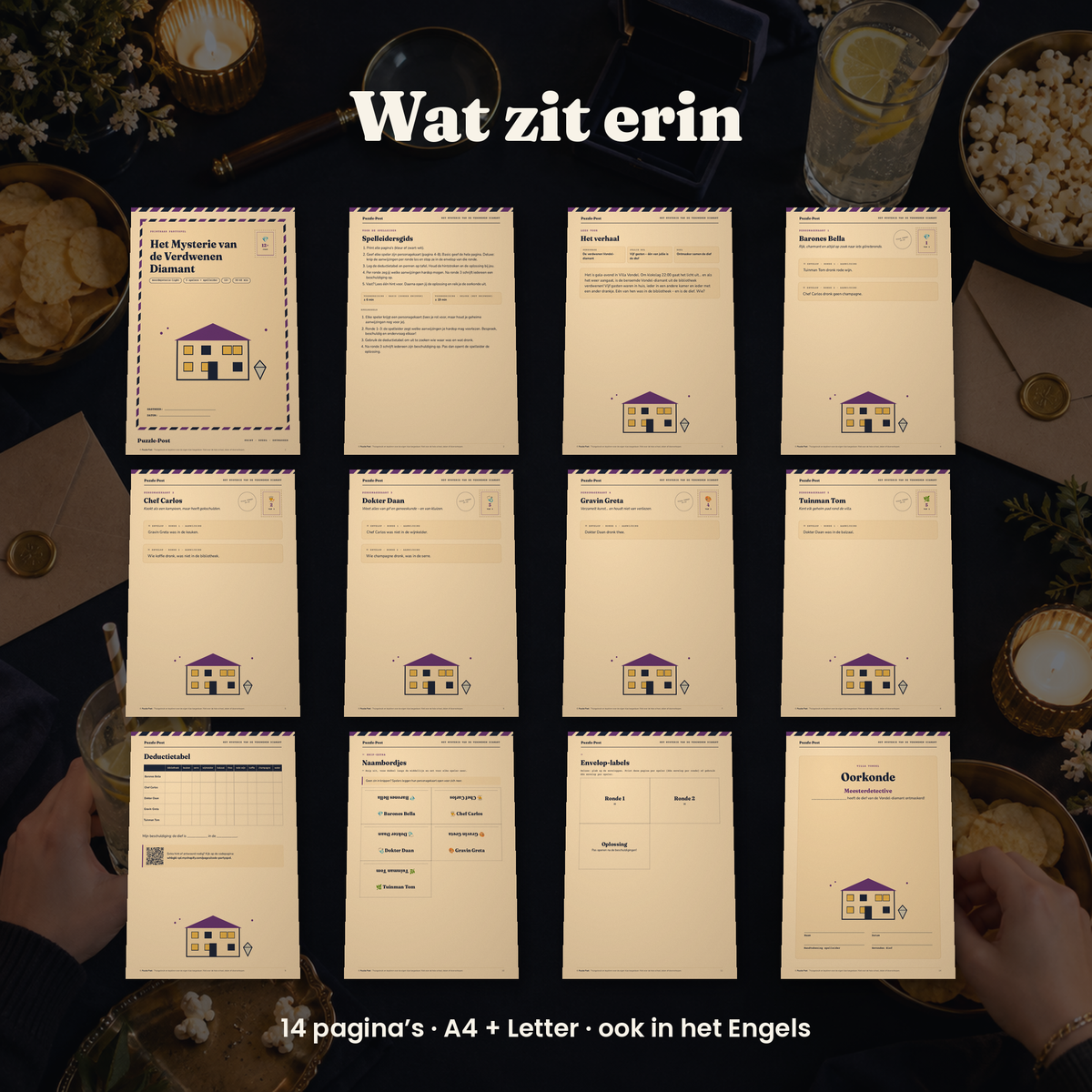 Het Mysterie van de Verdwenen Diamant – wat zit erin: personagekaarten, deductietabel en spelleidersgids