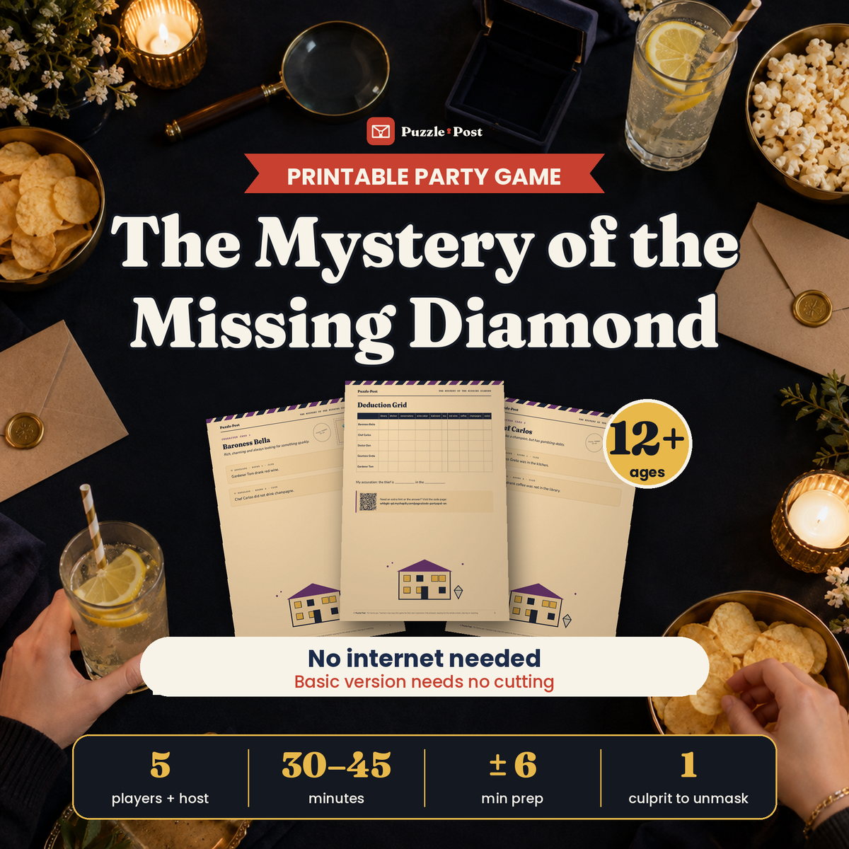 The Mystery of the Missing Diamond – English edition of the printable party game, cover