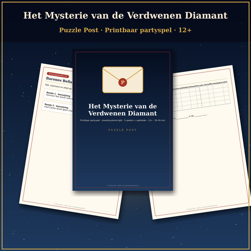 Printbaar Partyspel – “Het Mysterie van de Verdwenen Diamant”