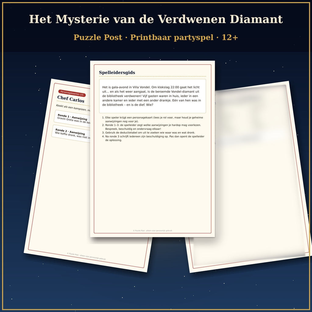 Printbaar Partyspel – “Het Mysterie van de Verdwenen Diamant”