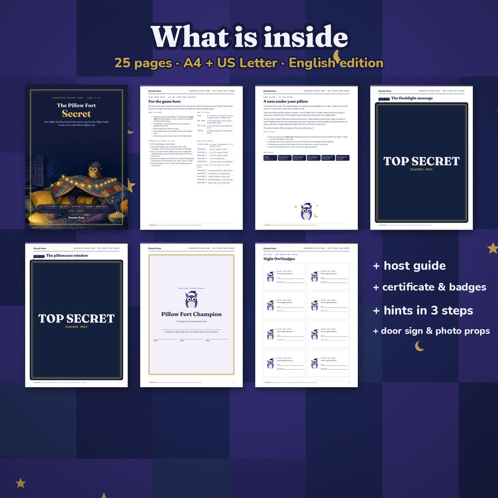 What is inside: cover, game host guide, the Night Owl’s note, covered puzzle pages, certificate and Night Owl badges, plus hints in 3 steps, a door sign and photo props; 25 pages in A4 and US Letter, English edition