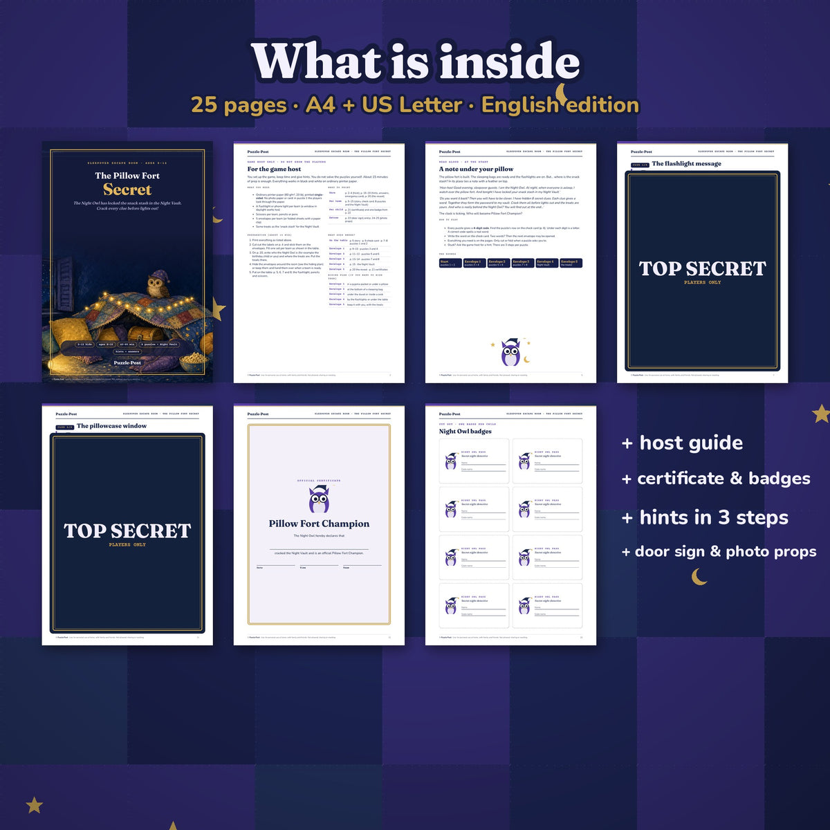 What is inside: cover, game host guide, the Night Owl’s note, covered puzzle pages, certificate and Night Owl badges, plus hints in 3 steps, a door sign and photo props; 25 pages in A4 and US Letter, English edition