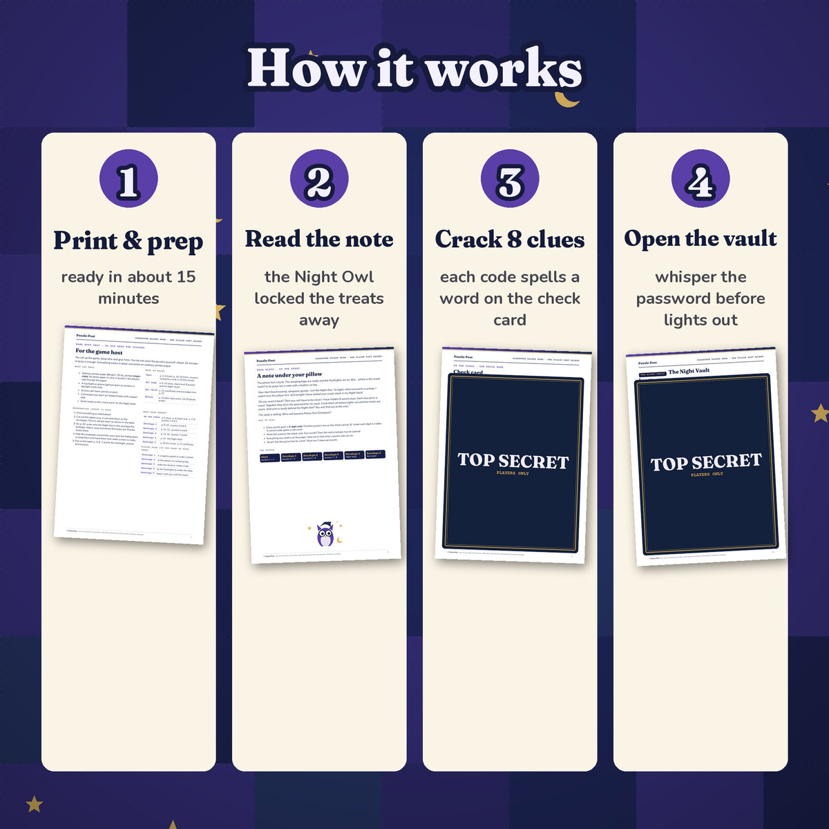 How it works in 4 steps: print and fill the envelopes, read the Night Owl’s note aloud, crack 8 clues with the check card, open the Night Vault