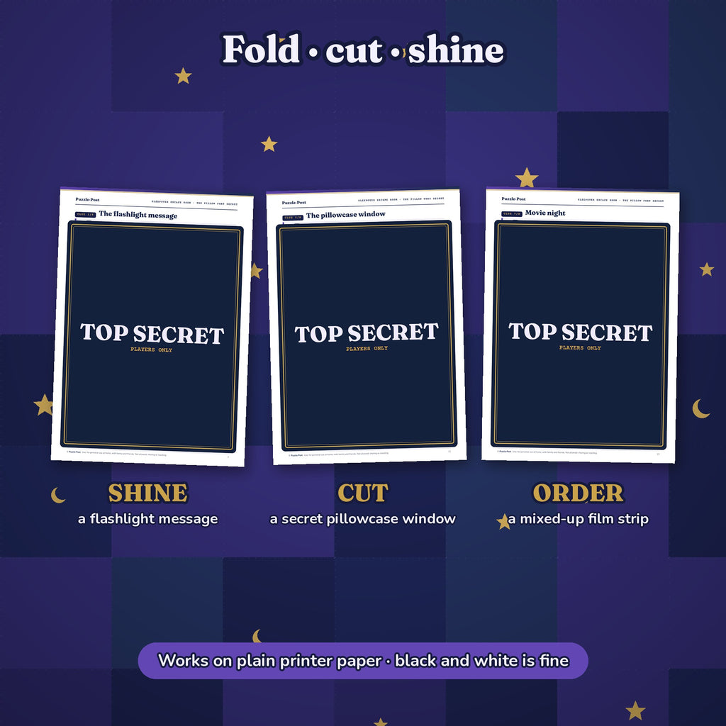 Fold, cut and shine: the flashlight message, the pillowcase window and the film strip, all three covered by a TOP SECRET label so nothing is given away