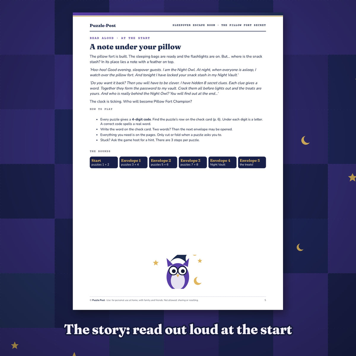 Sample page: the Night Owl’s note to read aloud, with the rules and the rounds