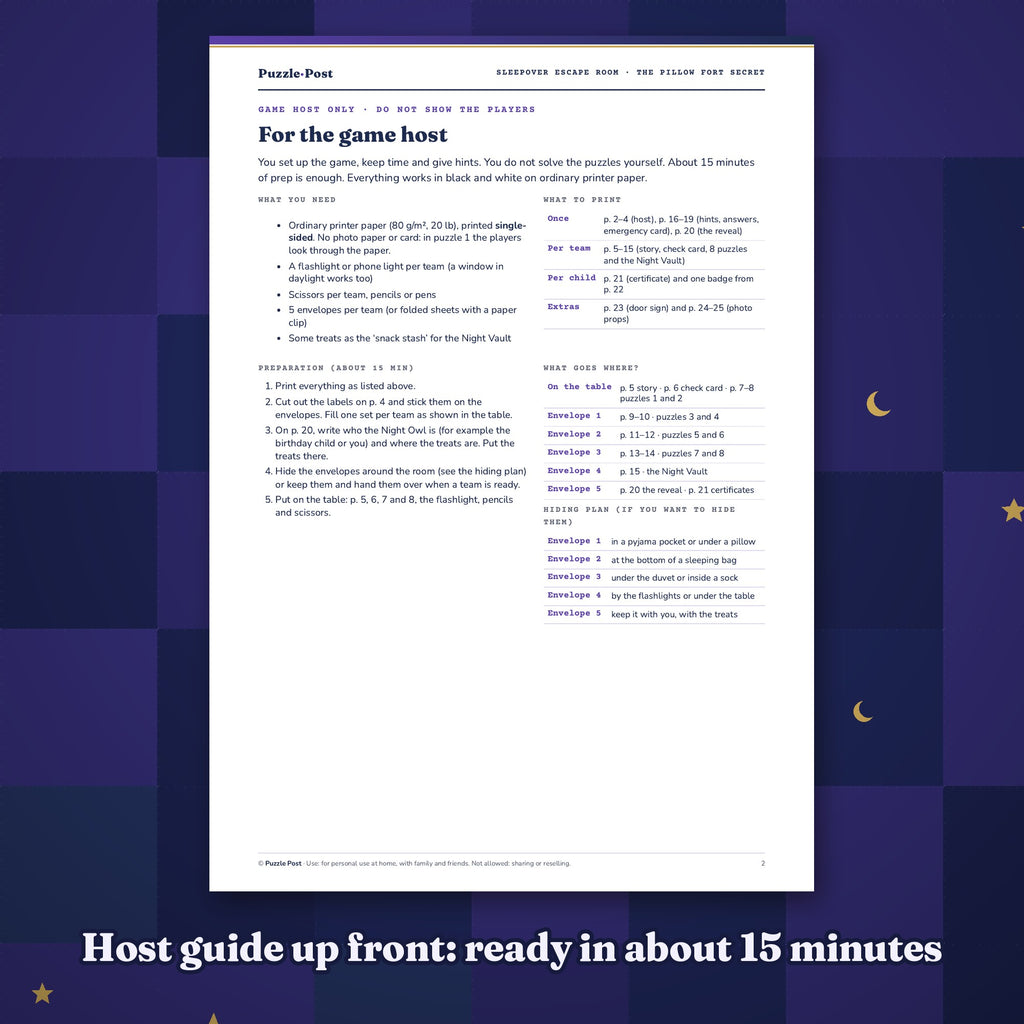 Sample page: game host guide with print list, about 15 minutes of prep and a hiding plan