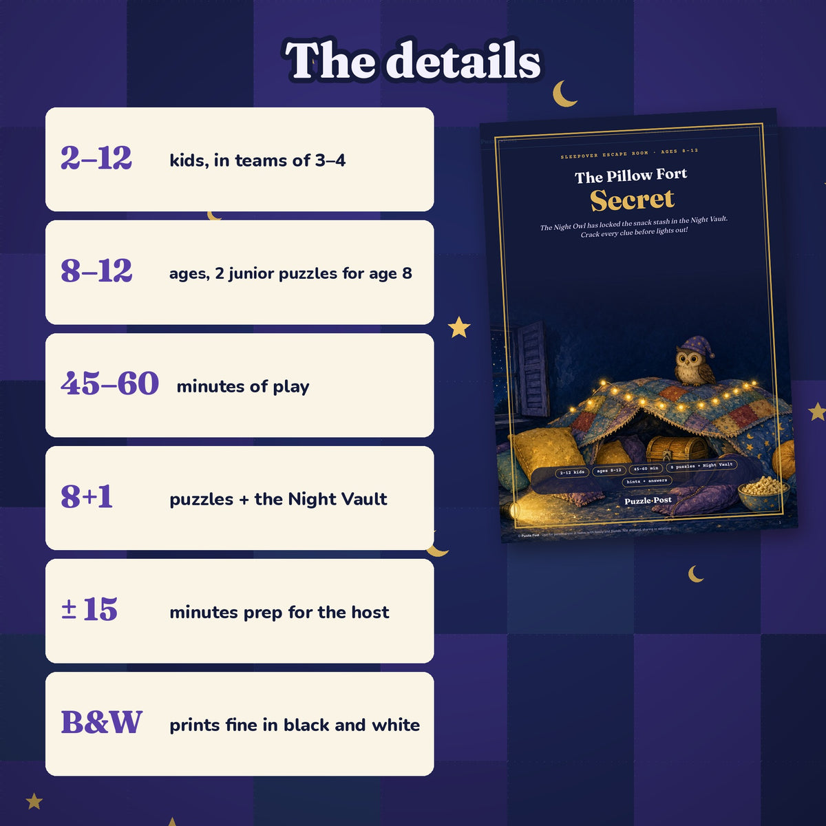 The details: 2–12 kids, ages 8–12, 45–60 minutes, 8 puzzles plus the Night Vault, about 15 minutes of prep, prints fine in black and white