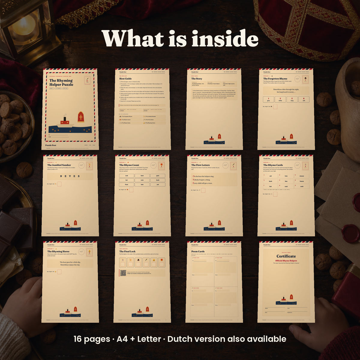 The Rhyming Helper Puzzle – what’s inside: story, puzzles, hint cards and certificate