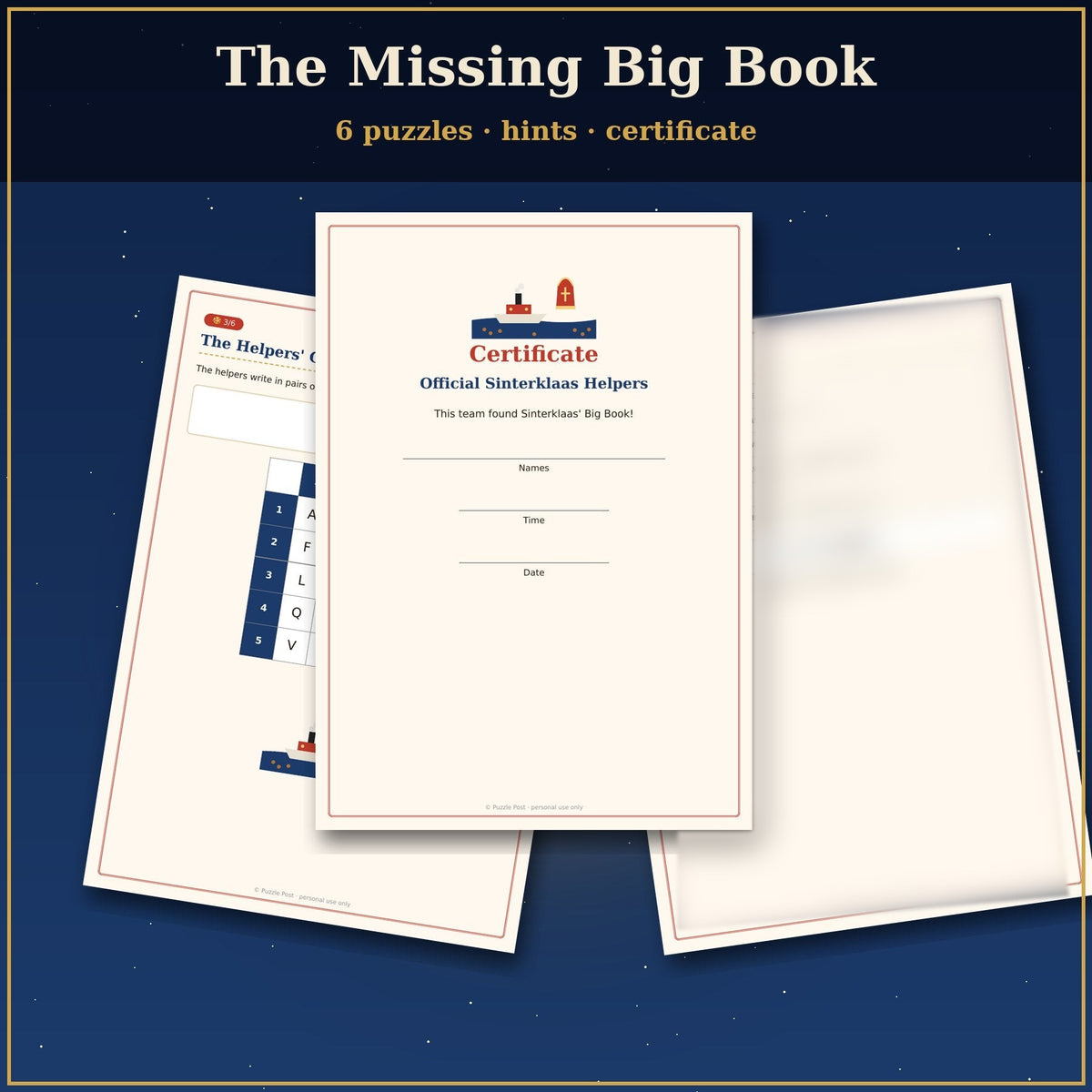 Puzzles, hint cards and certificate