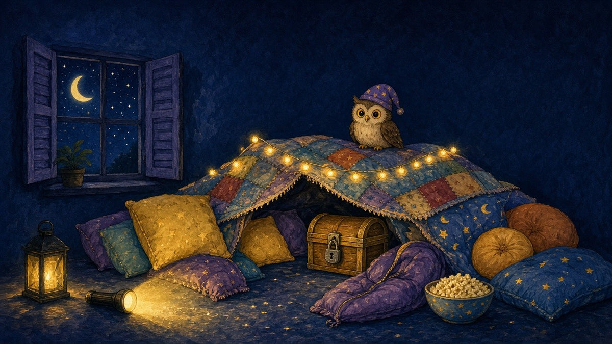 The Secret of the Pillow Fort – mood image: pillow fort with fairy lights, owl, treasure chest and torch