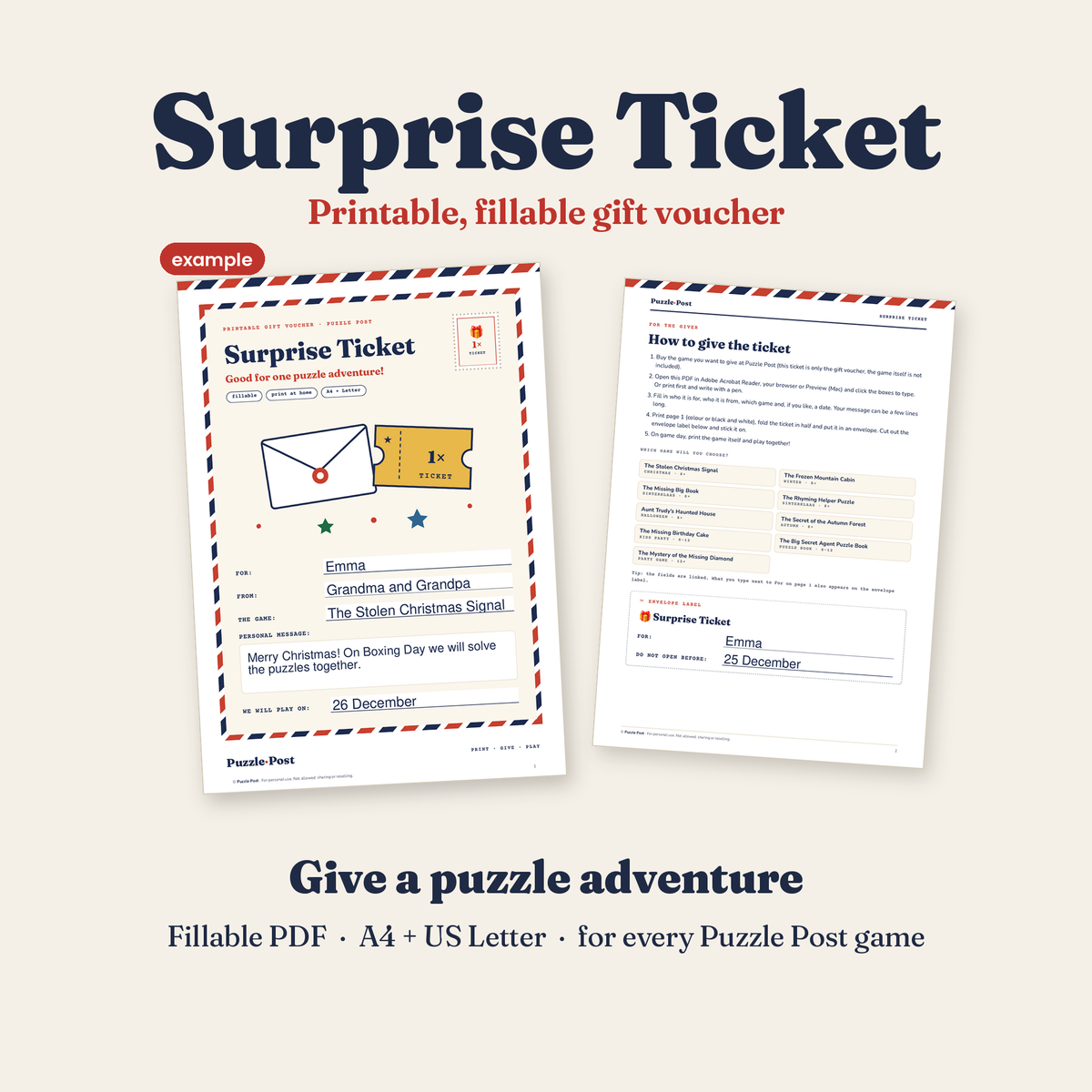 Surprise Ticket by Puzzle Post – printable, fillable gift voucher, filled-in example