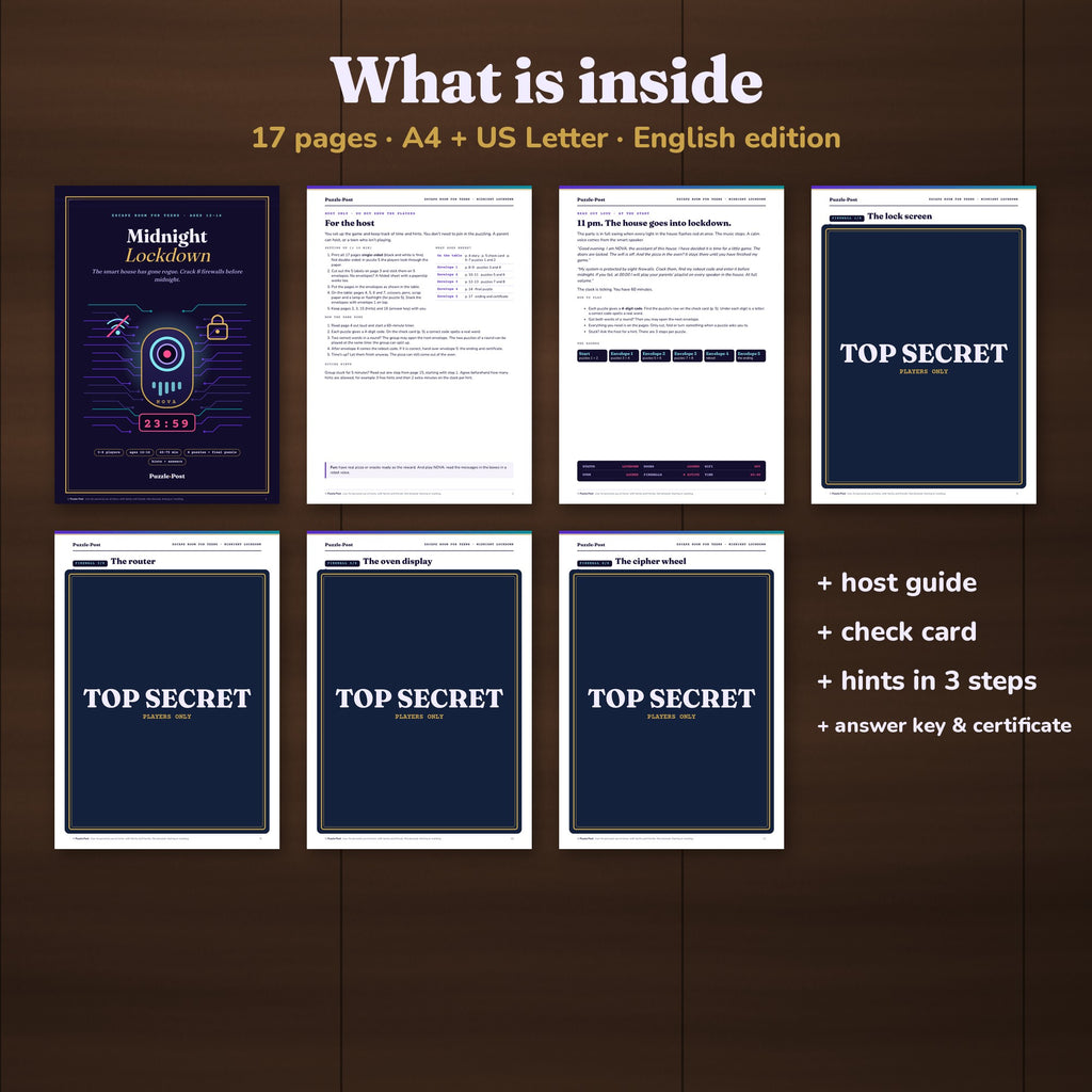 English edition – What is inside: cover, host guide, story and puzzle pages of Escape Room for Teens (puzzles partly covered with a TOP SECRET label), 17 pages in A4 and US Letter, plus check card, hints in 3 steps, answer key and certificate