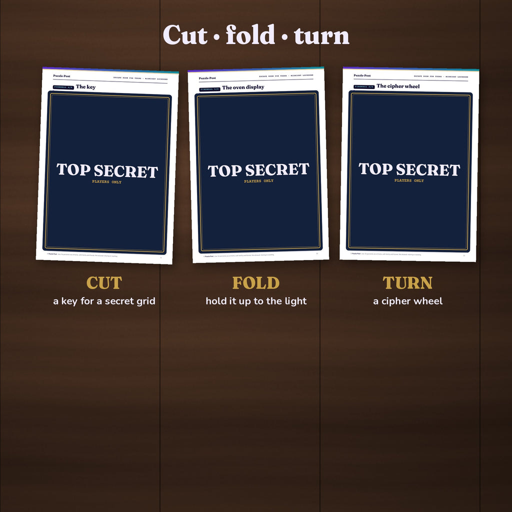 English edition – Cut, fold, turn: three puzzle pages (the key, the oven display and the cipher wheel), partly covered with a TOP SECRET label
