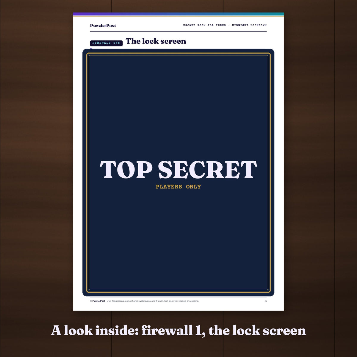 English edition – A look inside firewall 1: the lock screen puzzle page, partly covered with a TOP SECRET label
