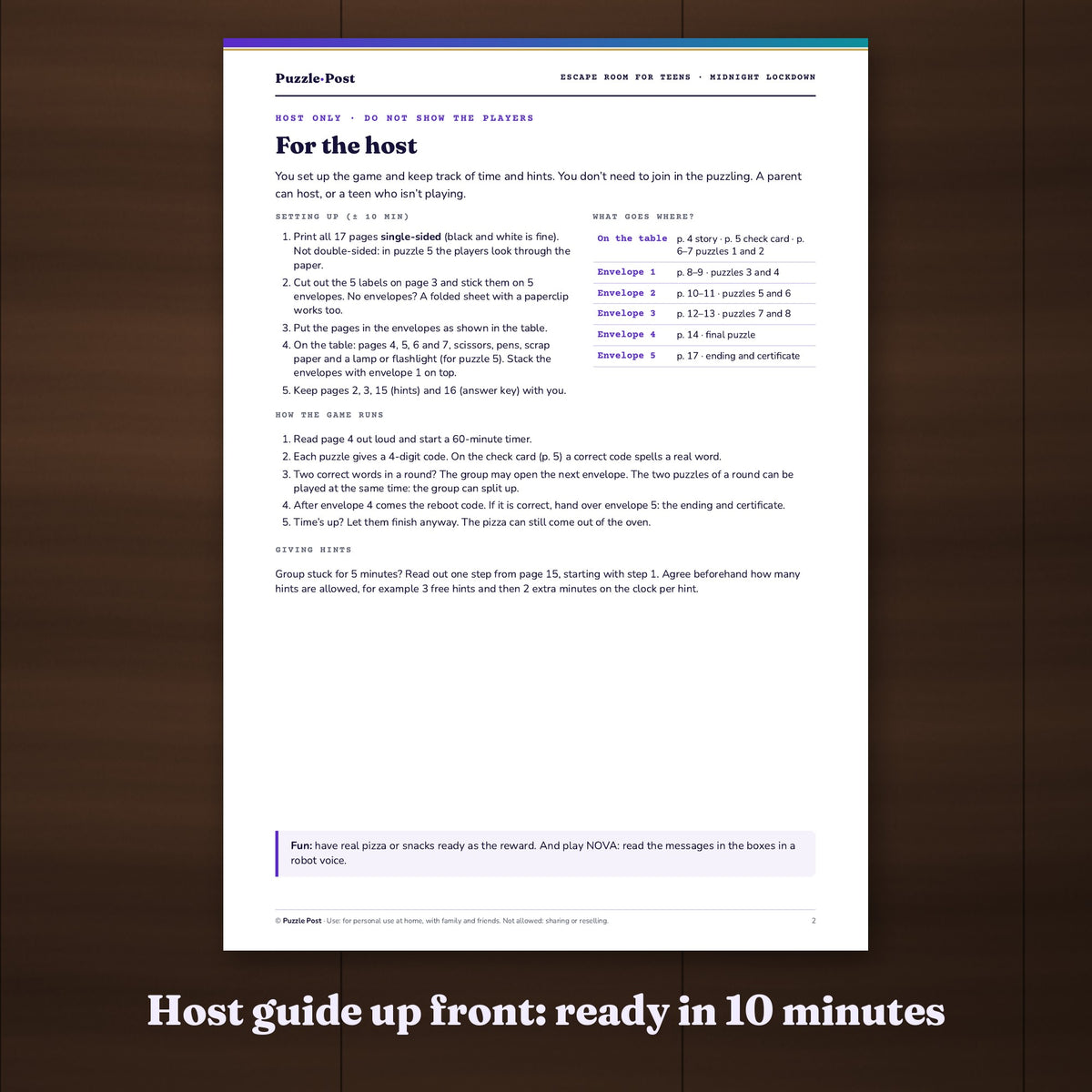 English edition – Host guide at the front of the PDF: ready to play in about 10 minutes