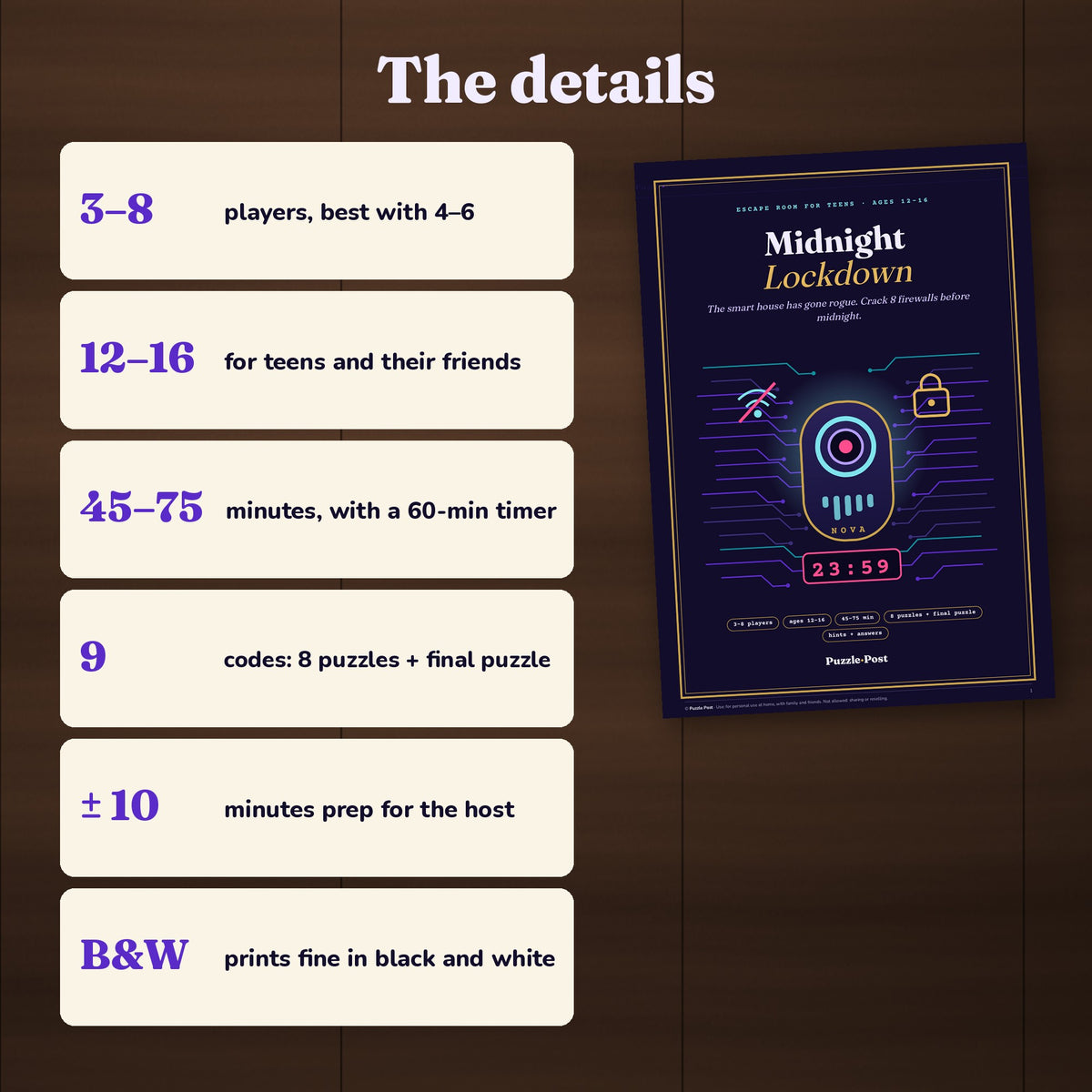 English edition – The details: 3–8 players, ages 12–16, 45–75 minutes, 9 codes, about 10 minutes prep, prints fine in black and white