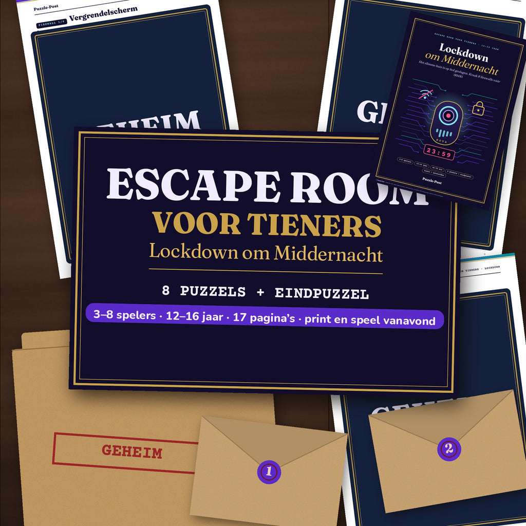 Escape Room voor Tieners: Lockdown om Middernacht – flat lay van echte geprinte pagina's met de cover, twee enveloppen en puzzelpagina's die deels zijn afgedekt met een GEHEIM-label; titel en ‘3–8 spelers · 12–16 jaar · 17 pagina's · print en speel vanavond’