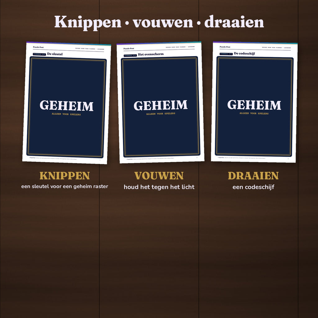 Knippen, vouwen, draaien: drie puzzelpagina's (de sleutel, het ovenscherm en de codeschijf), deels afgedekt met een GEHEIM-label