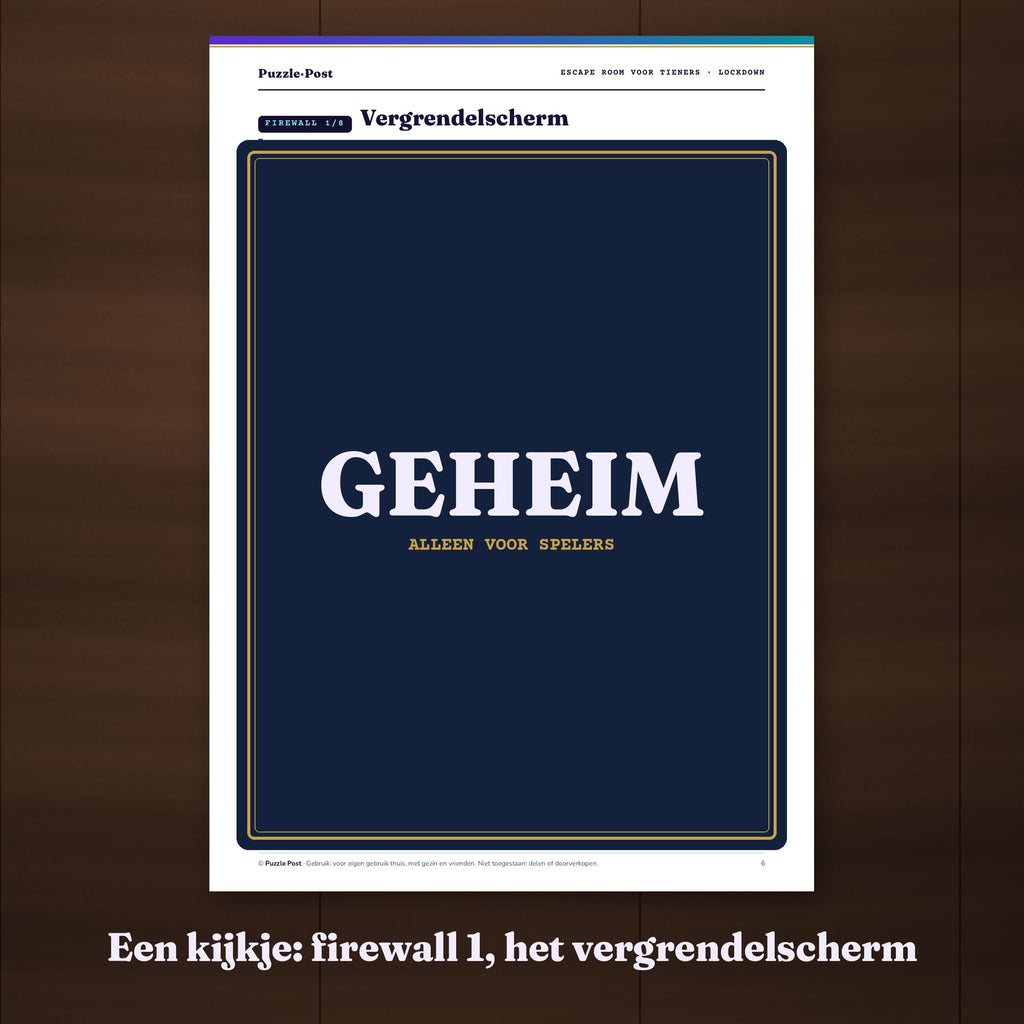 Een kijkje in firewall 1: de puzzelpagina met het vergrendelscherm, deels afgedekt met een GEHEIM-label