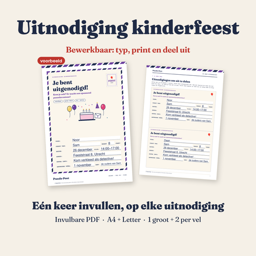 Bewerkbare uitnodiging kinderfeest van Puzzle Post – grote uitnodiging en 2 kaartjes per vel, ingevuld voorbeeld