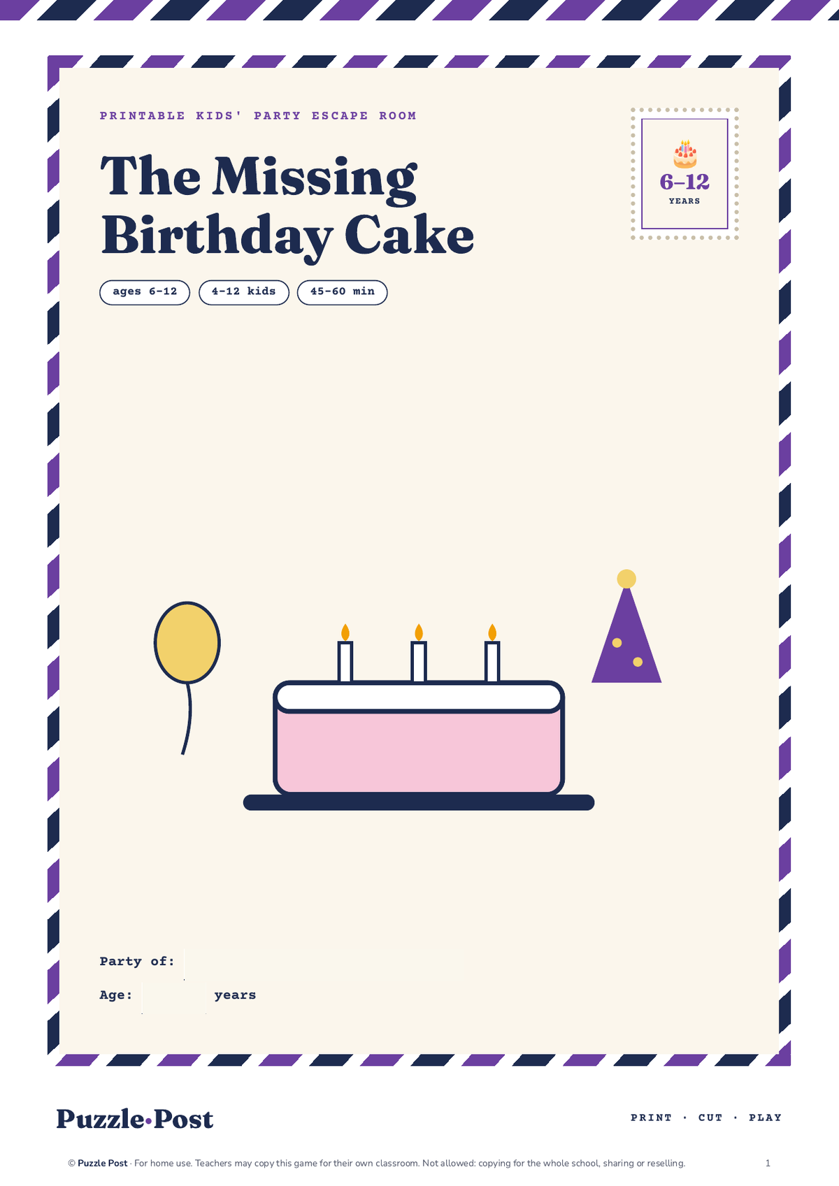 Cover of The Missing Birthday Cake in the Puzzle Post letter style