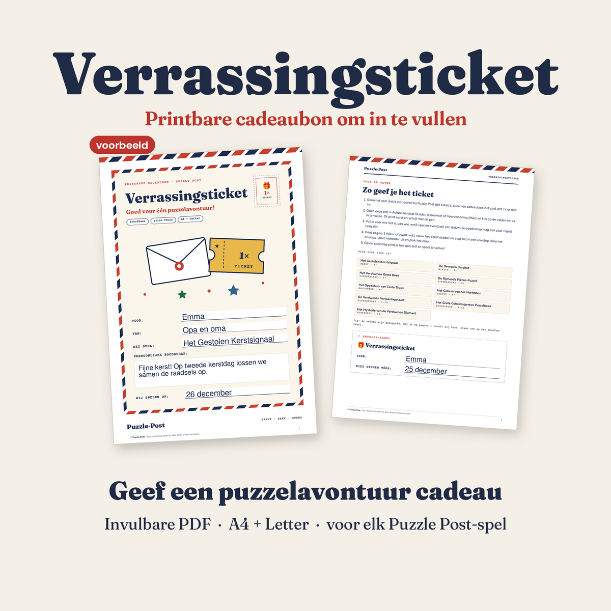 Verrassingsticket van Puzzle Post – printbare, invulbare cadeaubon, ingevuld voorbeeld