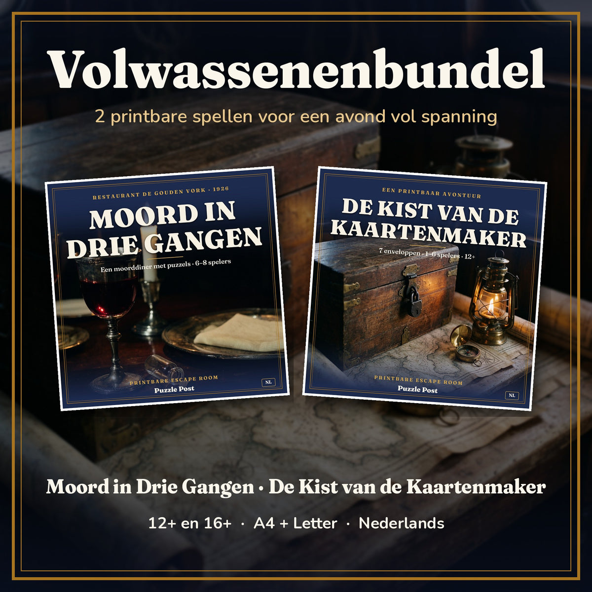 Volwassenenbundel van Puzzle Post – omslagen van Moord in Drie Gangen en De Kist van de Kaartenmaker op een oude houten tafel bij lamplicht